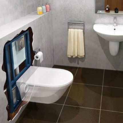 De installatie voor het toilet waarop de kom is gemonteerd