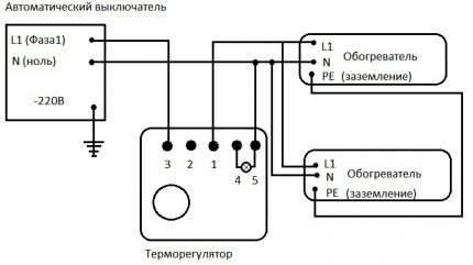 Connection diagram for heaters through thermostat