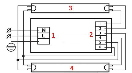 Kết nối hai đèn trên chấn lưu điện tử