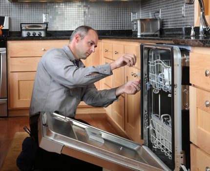 Meester inspecteert de vaatwasser