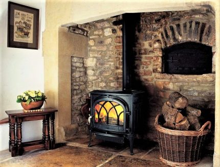 Cast iron stove in the interior