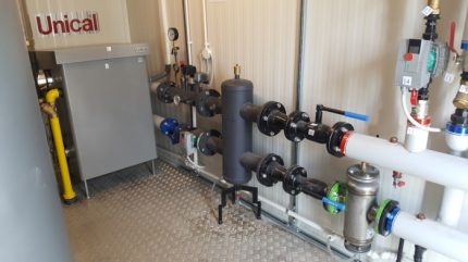Kotły i hydrosootery w kotłowni gazowej wielopiętrowego budynku